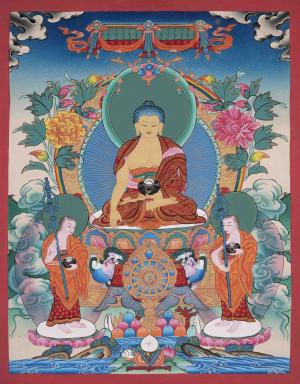 Original Hand Painted Thangka Of Shakyamuni Buddha Followed By Other Bodhisattvas
